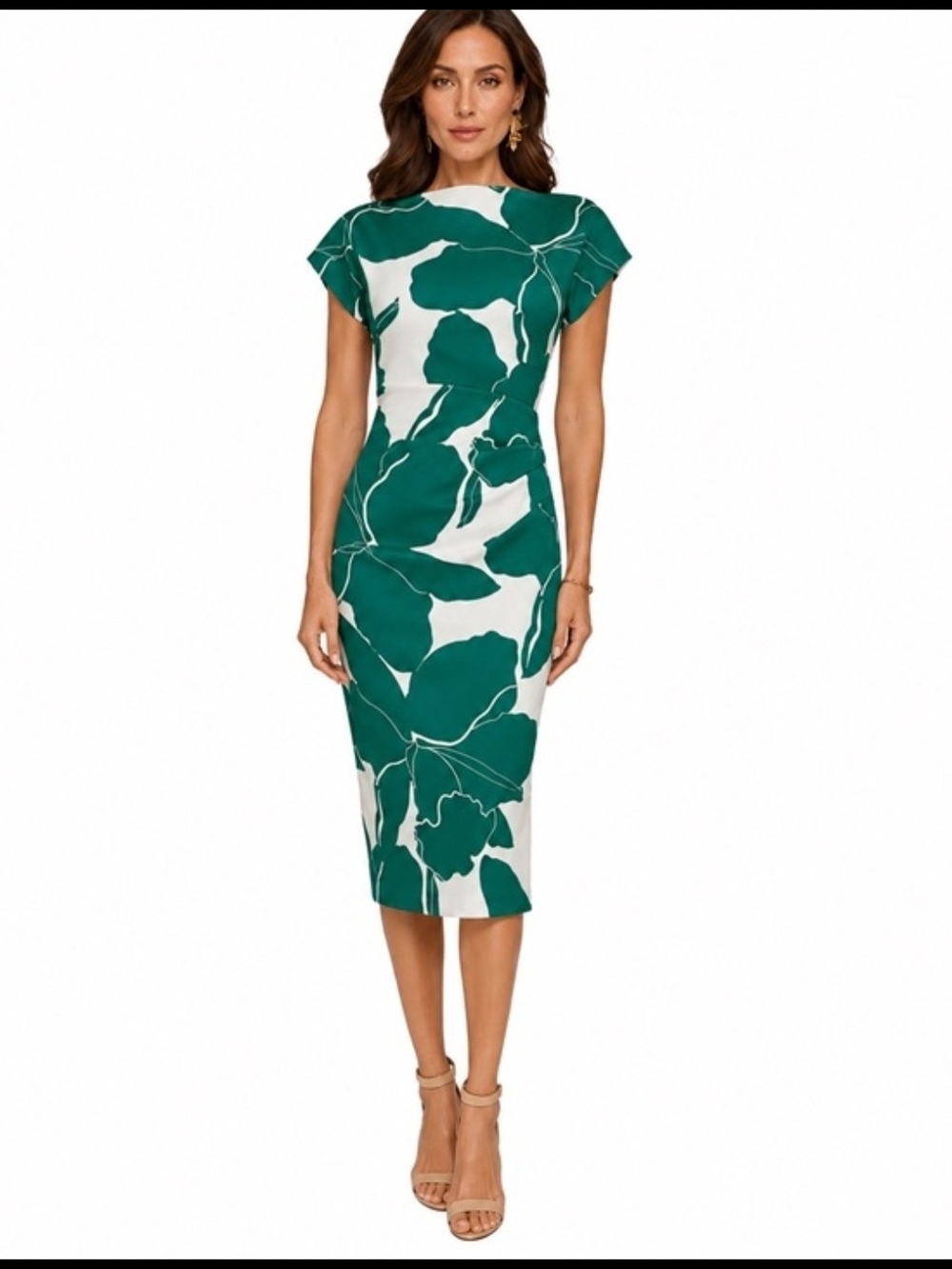 Donna Karan Green & White Botanical Sheath Midi Dress - Picture 5 of 5